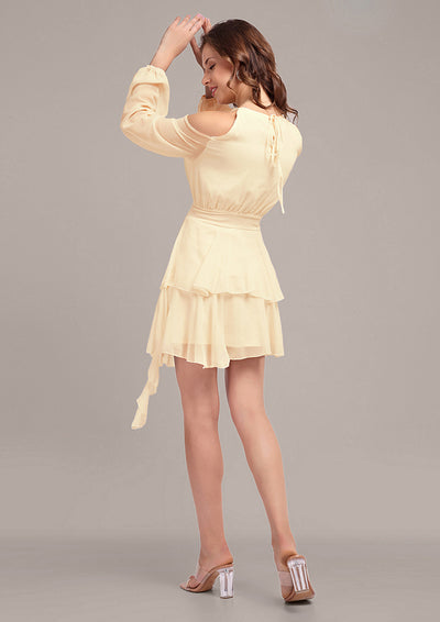 Beige Cold Shoulder Long Sleeve Ruffle Mini Dress