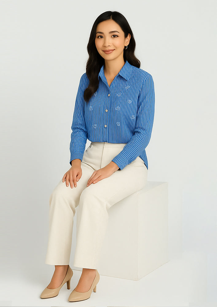 Blue Striped Shirt with Heart-Shaped Stone Work