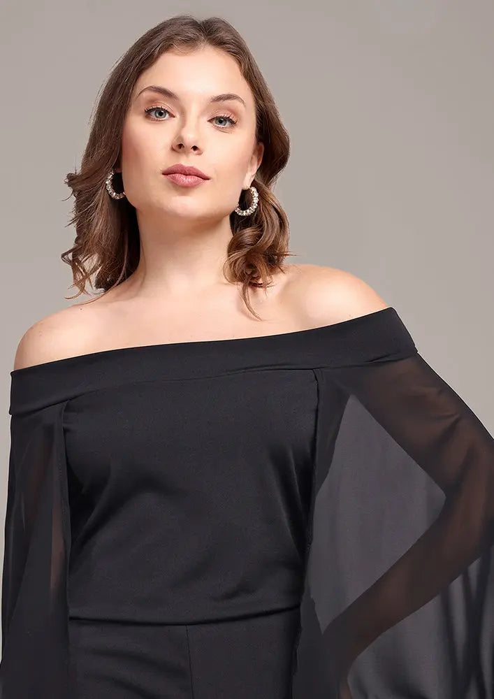 Black drape off-shoulder jumpsuit IKI CHIC Private Ltd