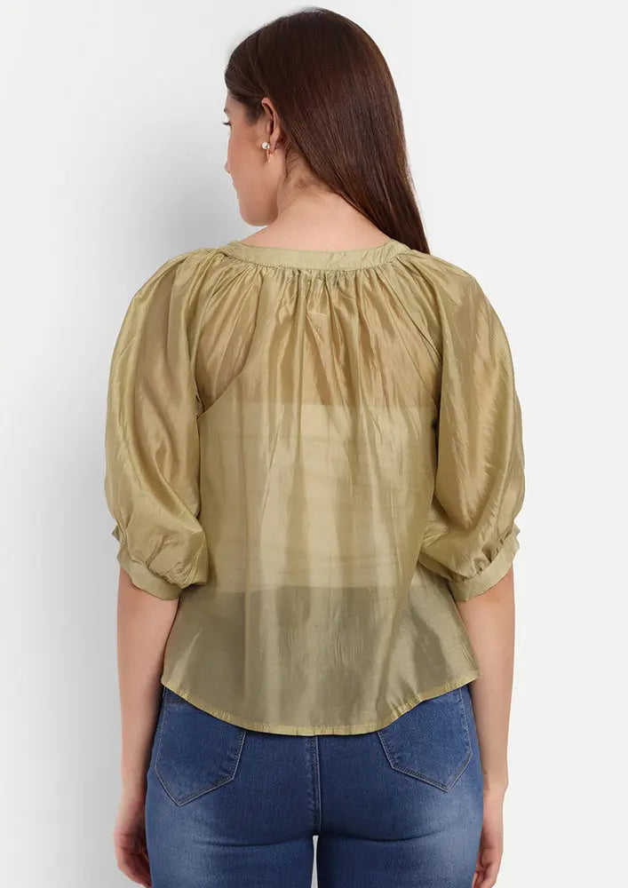 Green Front Button-Up Oversized Top With Puff Raglan Sleeves IKI CHIC Private Ltd