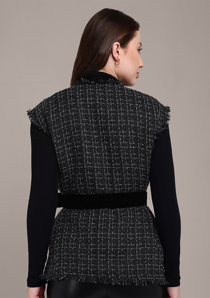 Black Tweed Vest with Velvet Belt