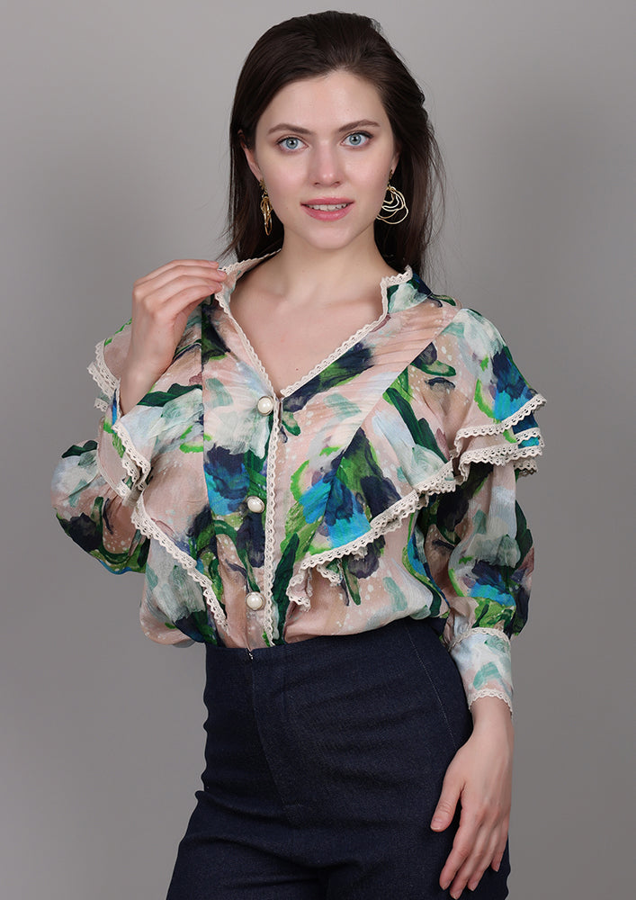 Beige printed chiffon ruffle shirt with lace and pearl buttons
