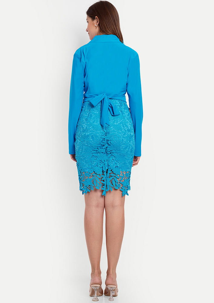 Blue Pleated V-Neck Blouse With Laced Midi Skirt