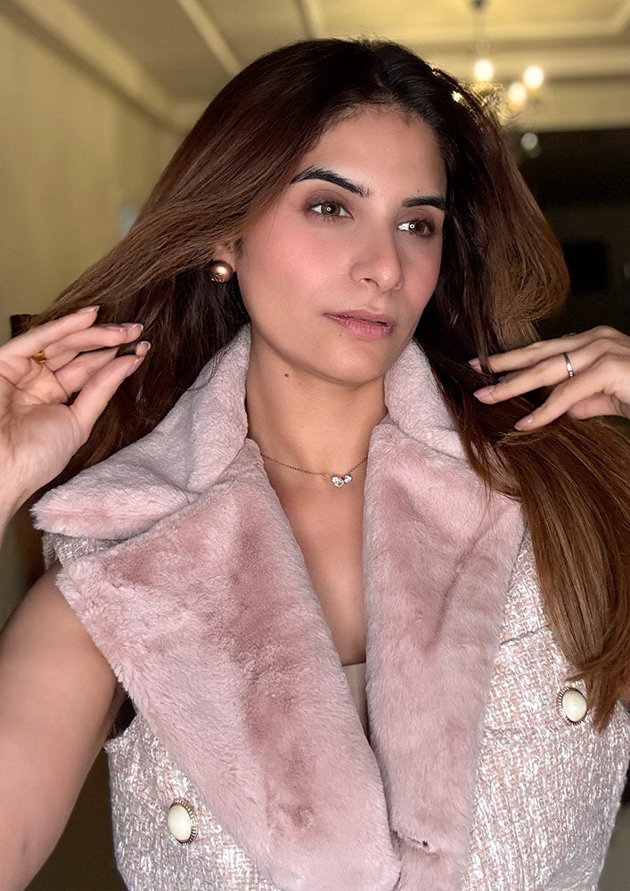 Peachish Pink Tweed Fur Collar Waist Tie-Up Jacket