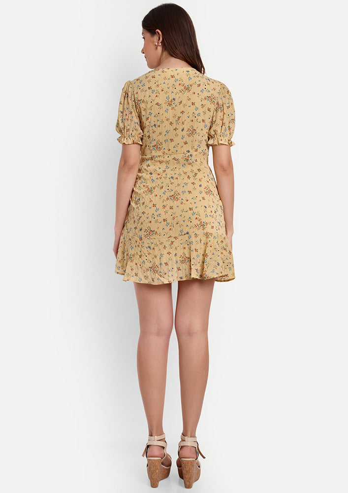 Yellow Floral Printed Flared Dress With Ruched Detailing