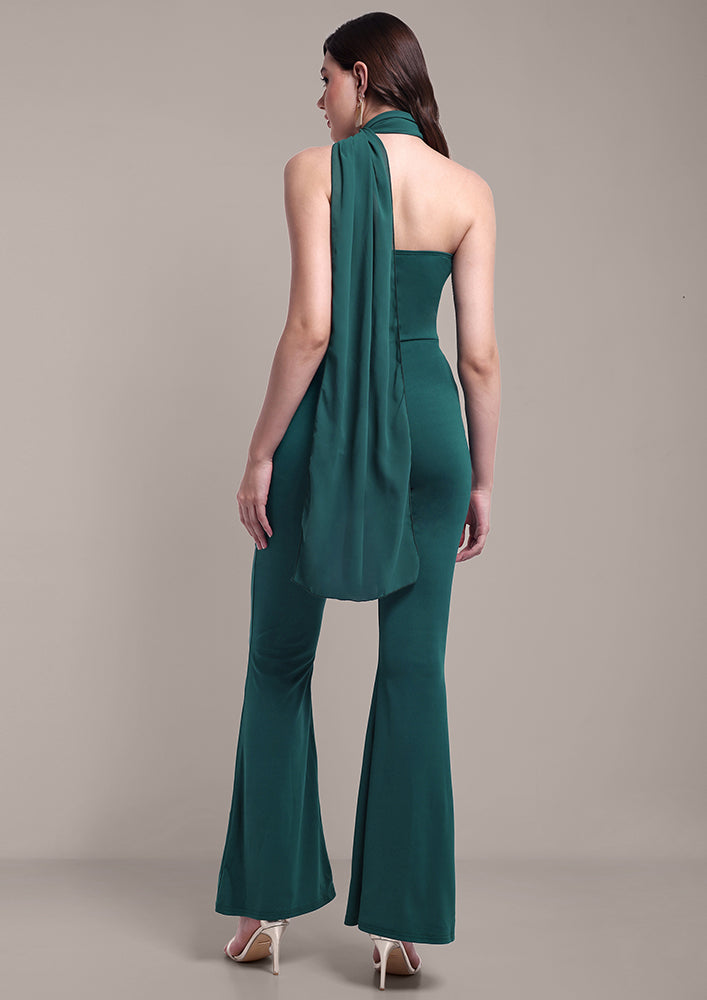 Green Tube-Style Bootleg Jumpsuit with Neck Drape