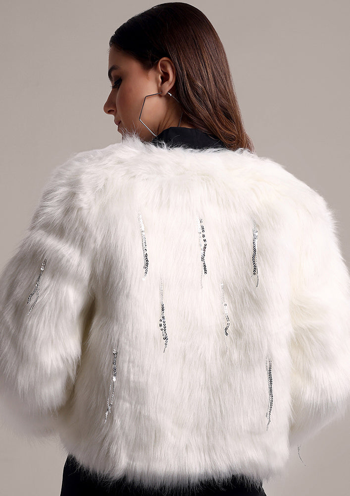 White Fur Jacket with Metallic Fringes