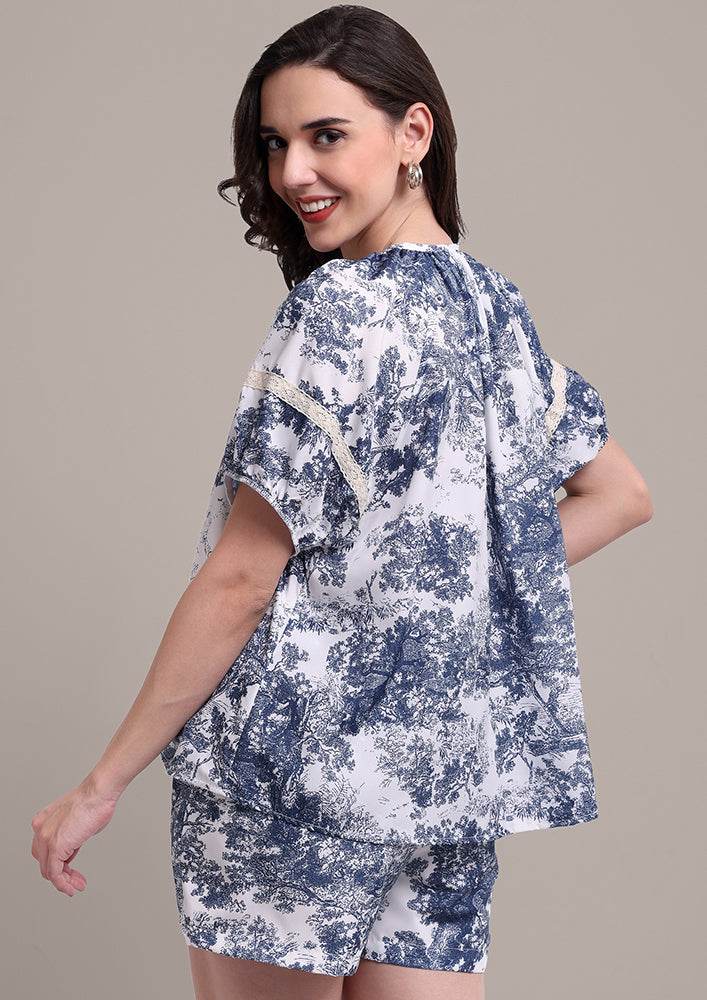 Blue Tree print lace Co-ord Set IKI CHIC Private Ltd.