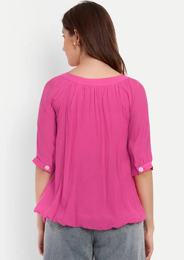 Pink Front Button-Up Shirt With Gather Detailing At Neck And Sleeves IKI CHIC Private Ltd