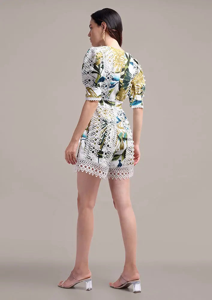 Tropical Print V-Neck Romper With Lace Detailing IKI CHIC Private Ltd