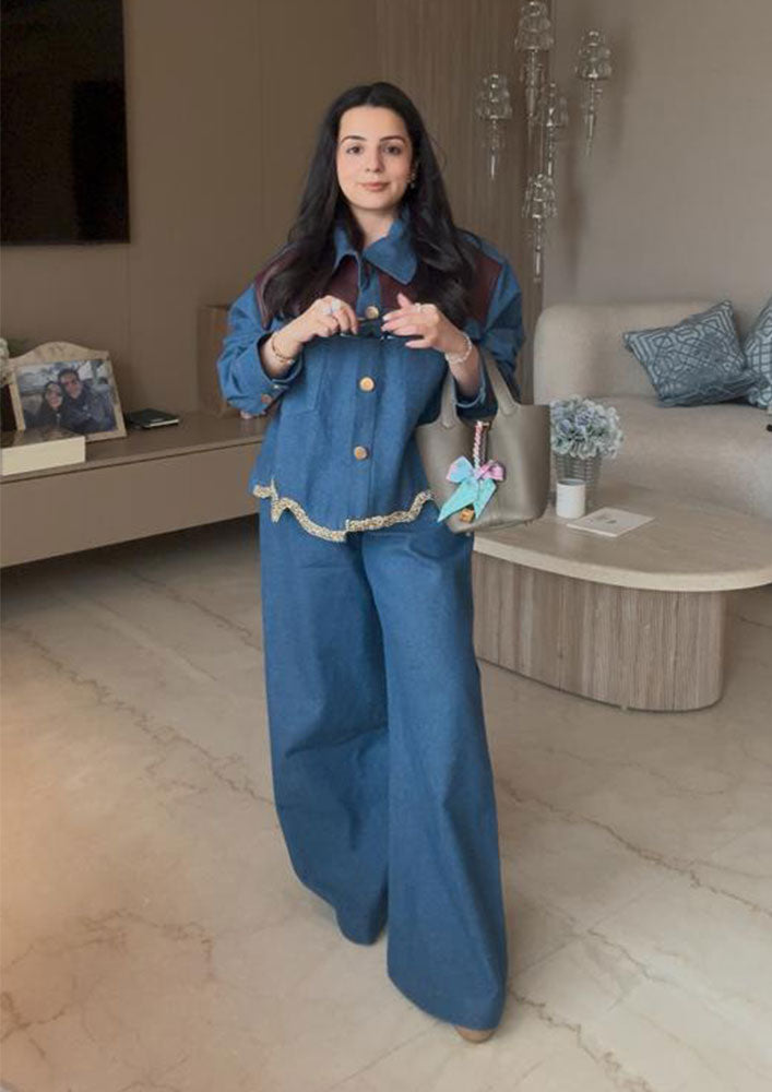 Denim & Leather Fusion with Gold Stone (Only Jacket)