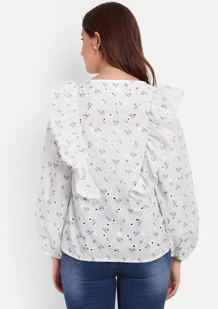 White Floral Printed Schiffli Blouse With V-Neckline With Ruffle Detailing IKI CHIC Private Ltd