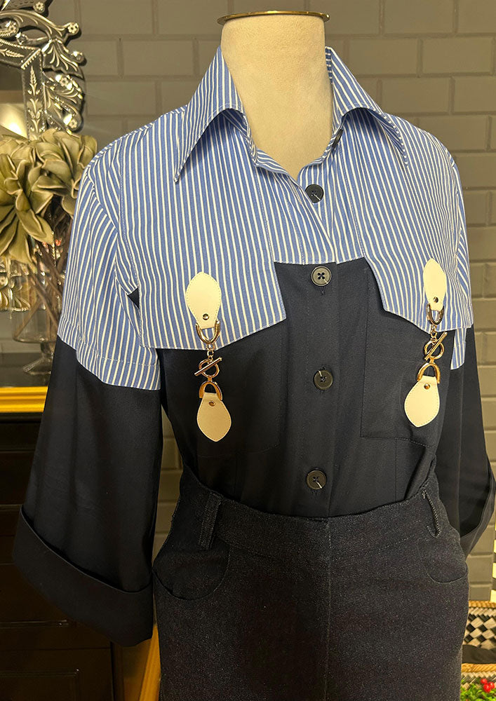 Stripe And Navy Blue Popplin Shirt