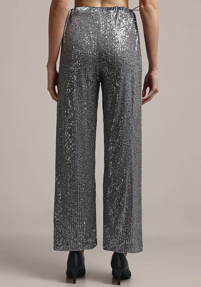 Silver Grey Sequin Wide Leg Pants IKI CHIC