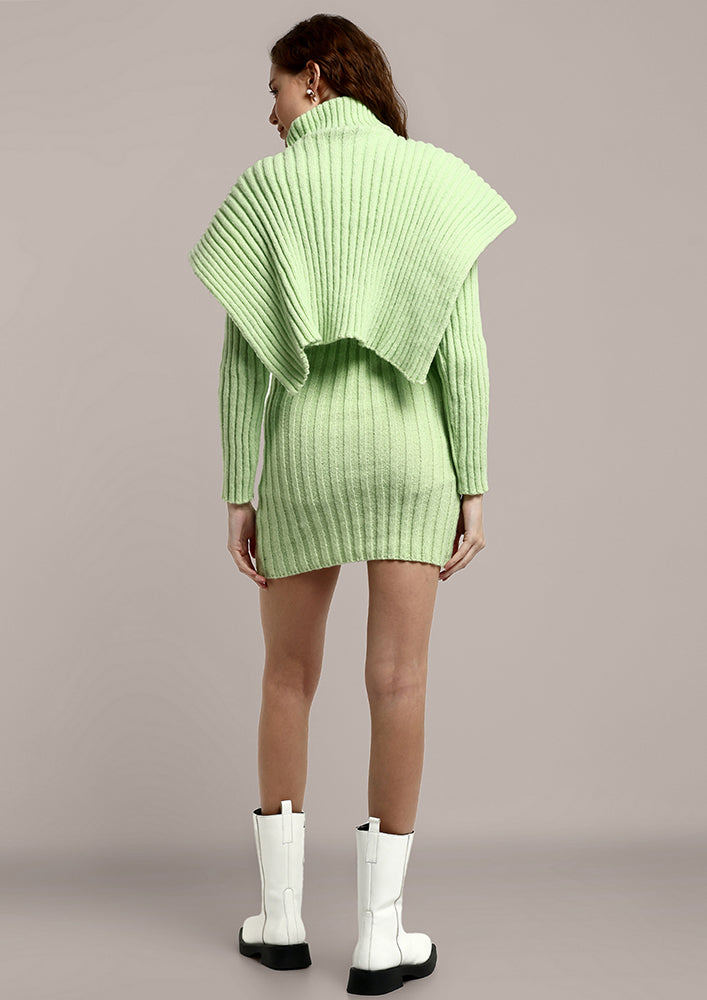 Green  Knitted Bodycon Mini Dress With Turtle Neck Cape