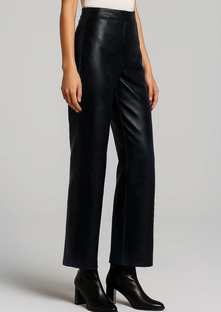 Navy Blue Straight Leather Pants