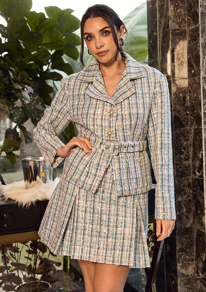 Blue Sequin Tweed Belted Blazer & Pleated Skirt Set