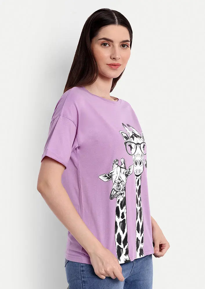 Lavender Giraffe Print Short Sleeve Regular T-Shirt IKI CHIC Private Ltd
