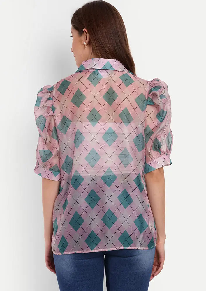 Pink Printed Collared Shirt With Pearl Front Button Up And Puff Sleeves IKI CHIC Private Ltd