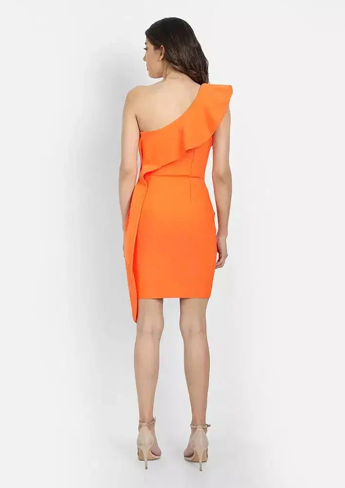 Orange Ruffle Design One-Shoulder Bodycon Mini Dress IKI CHIC Private Ltd.