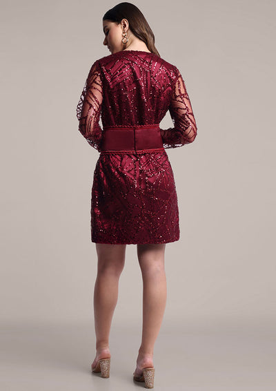 Red Sequin Belted Full-Sleeve Dress