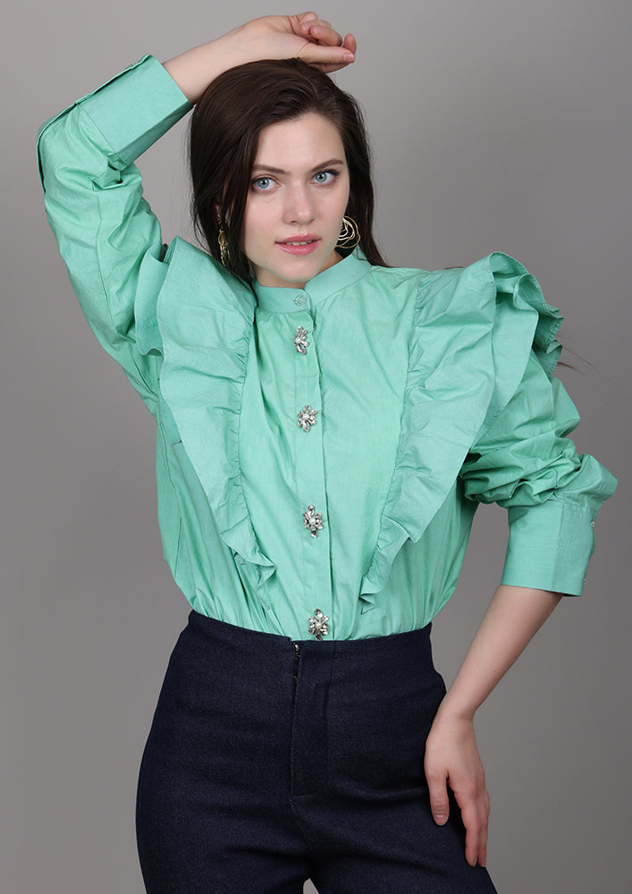 Mint Green Poplin Oversized Shirt with Ruffle Detailing & Embellishments IKI CHIC Private Ltd.