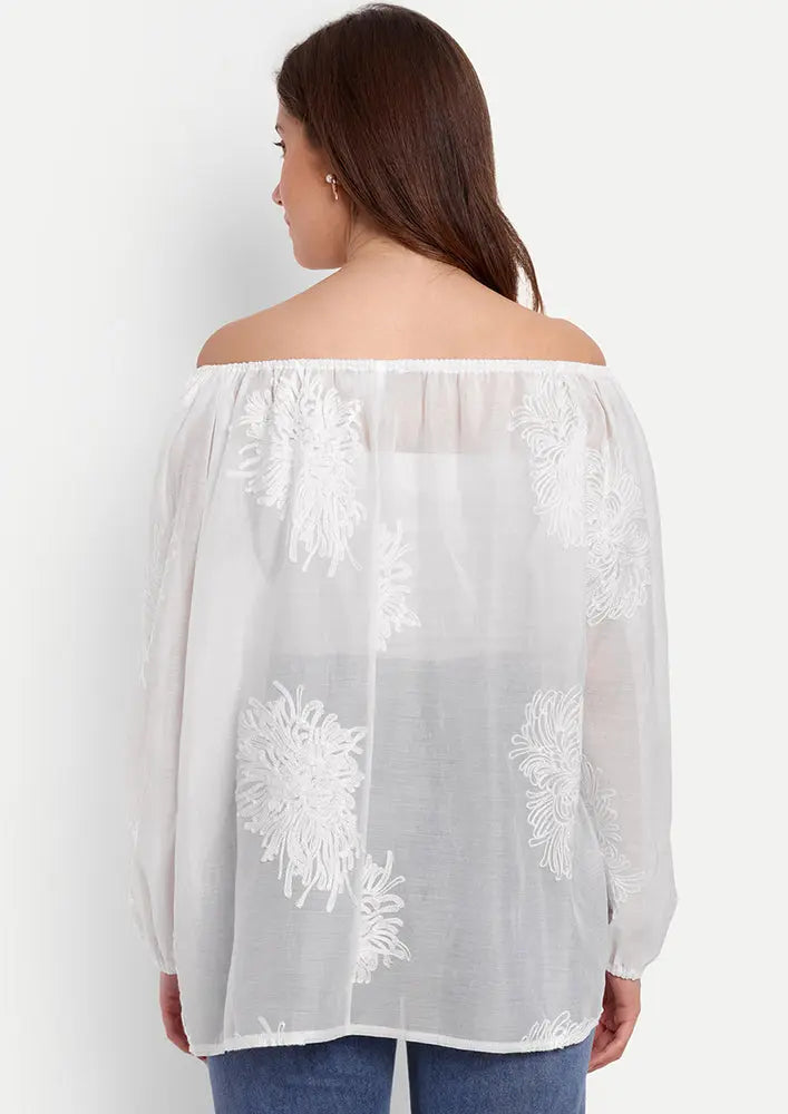 White Embroidered Blouse With Long Puff Sleeves IKI CHIC Private Ltd