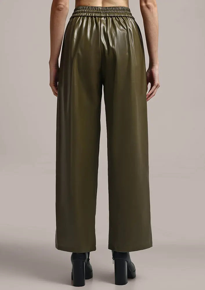 Olive Green Faux Leather Wide leg trousers IKI CHIC