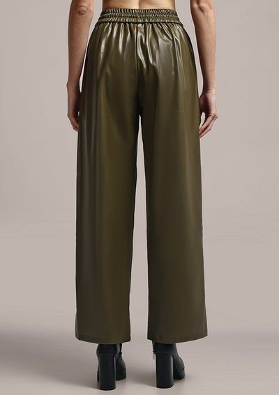Olive Green Faux Leather Wide leg trousers