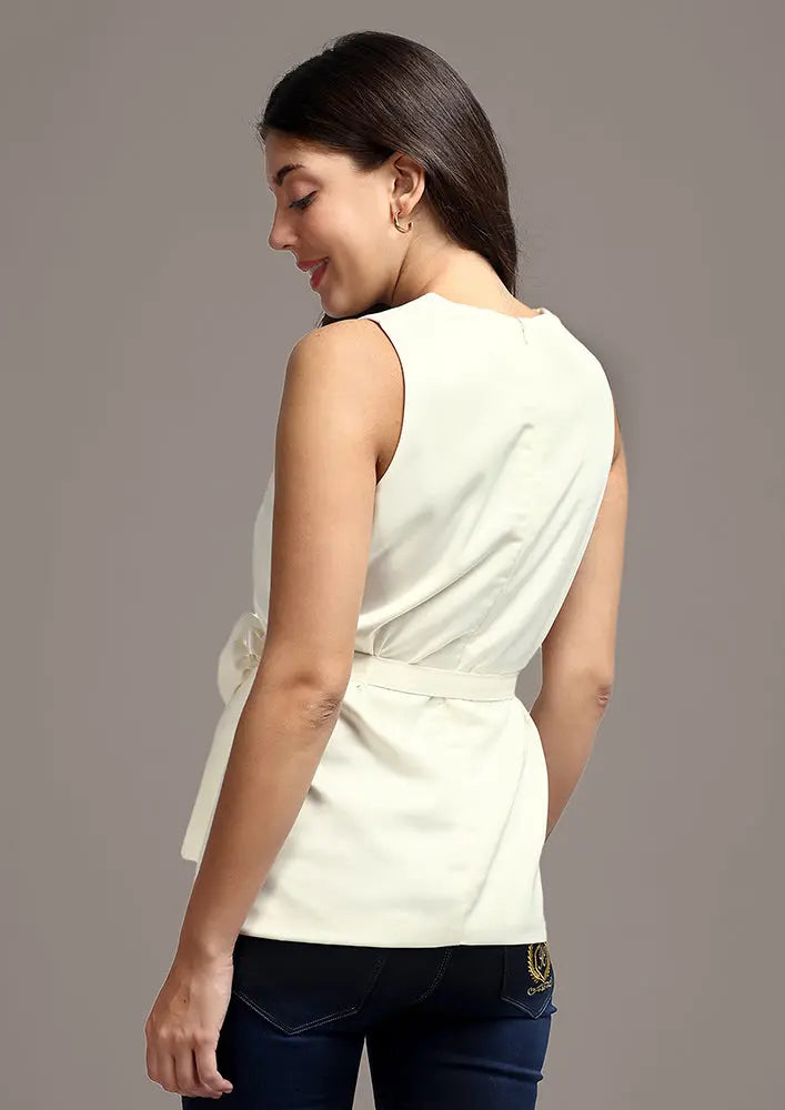 Off-white Sleeveless Satin Top With Detachable Belt IKI CHIC Private Ltd