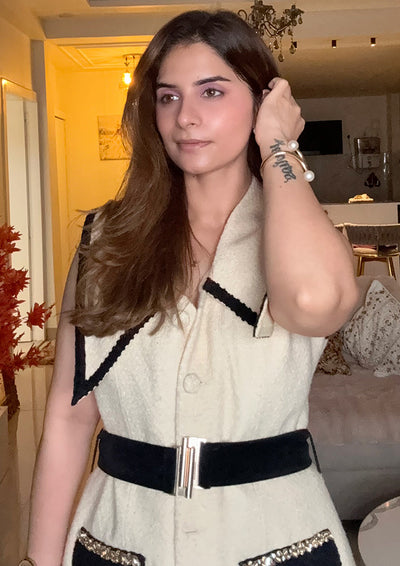 Off White Woolen Vest With Black Lace, Embleshment Detailing And Belt