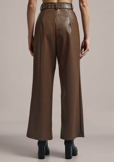 Brown Faux Leather High Waist Wide Leg Trousers