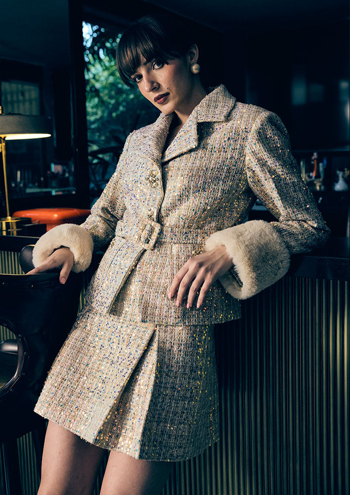 Beige Sequin Tweed Belted Blazer & Pleated Skirt Set