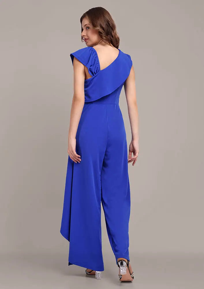 Navy blue one-side ruffle wide-leg jumpsuit IKI CHIC Private Ltd