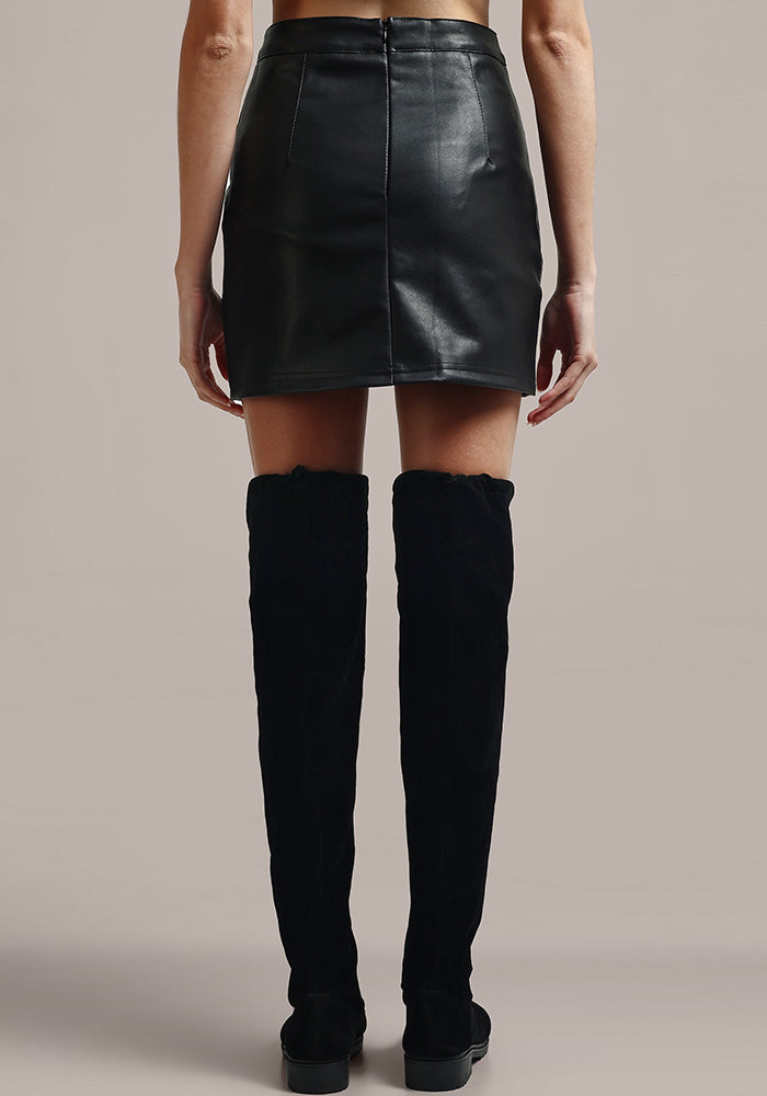 Black PU Leather Wrap Mini Skirt