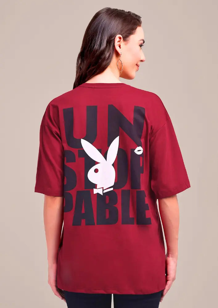 Maroon Oversized Graphic Print T-Shirt IKI CHIC Private Ltd