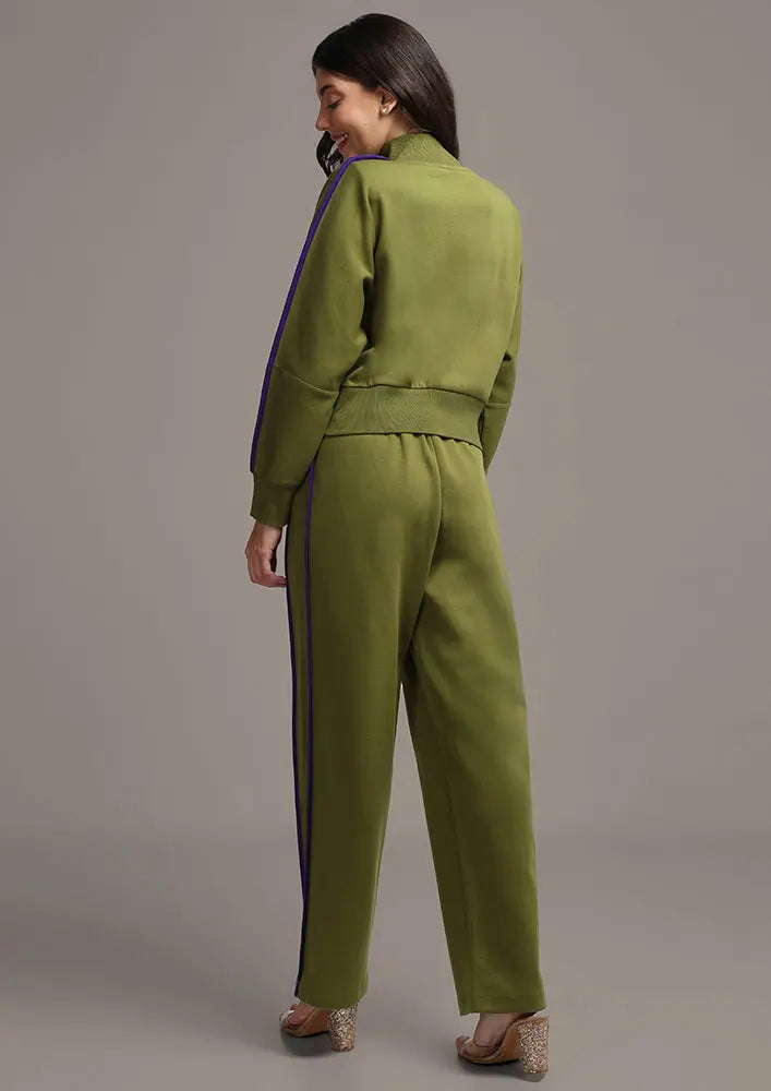 Olive Green Colorblock Jacket with Straight Leg Pants Set IKI CHIC Private Ltd