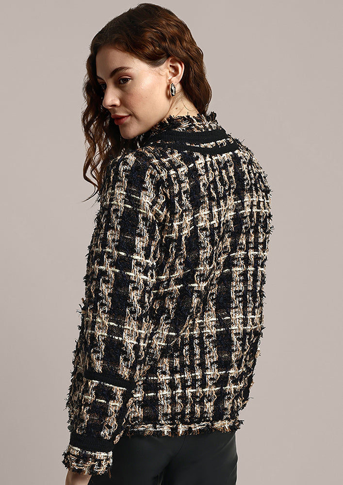 Black Boucle Design Tweed Fringed Short Coat