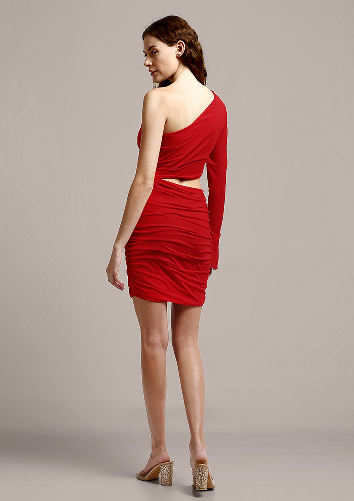 Red One Shoulder Waist Cutout Ruched Mini Dress