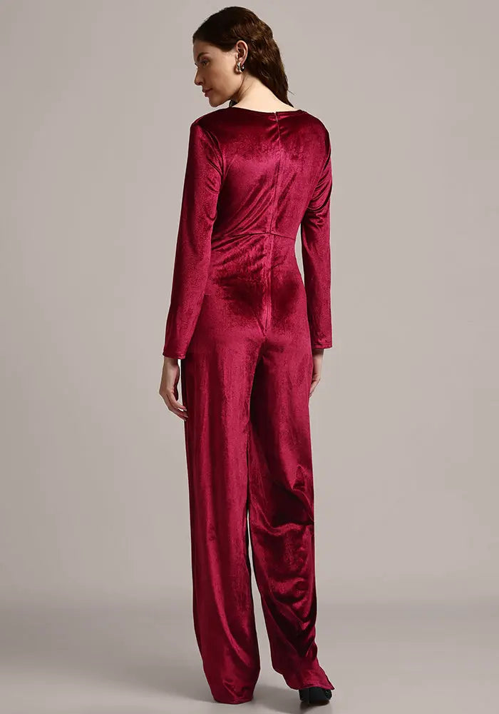 Velvet V-neck Long Sleeve Wide Leg Jumpsuit IKI CHIC Private Ltd
