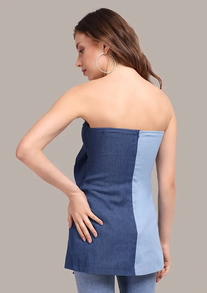 Blue Color-blocked Ruffled Tube Top IKI CHIC Private Ltd