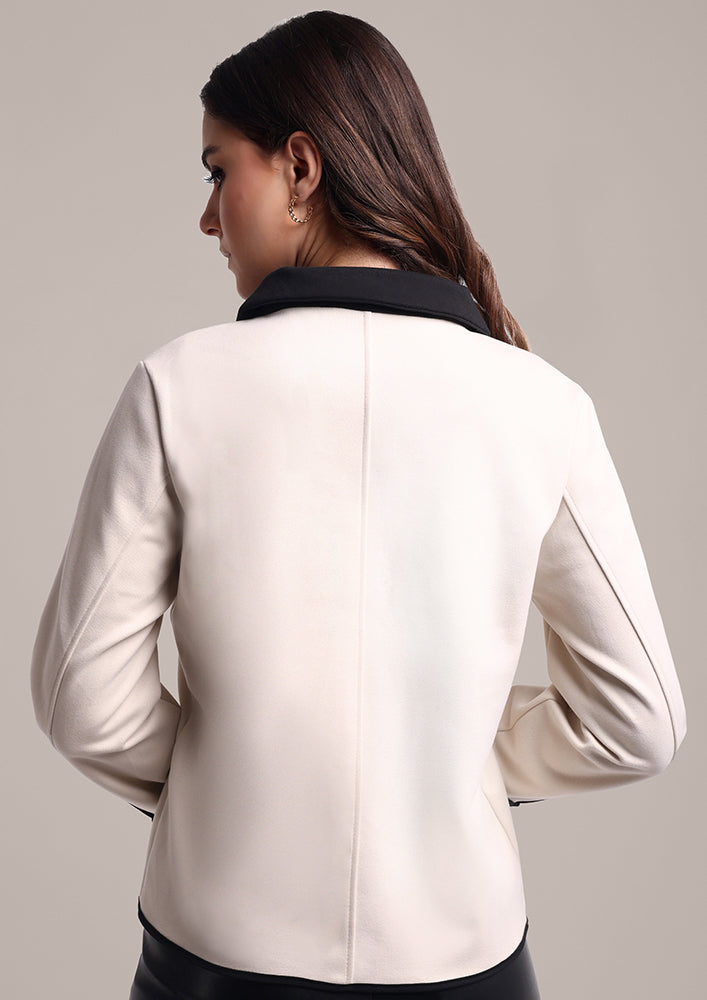 Off White Woolen Jacket With Colorblock Detailing