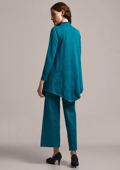 Teal Blue Long Knitted Flare Pullover With Wide Leg Pants Set