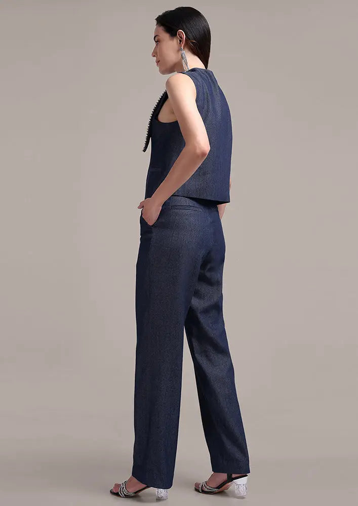 Embellished Lapel Collared Blue Denim Vest With High Waisted Pants Set IKI CHIC Private Ltd