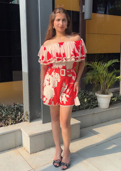 Red & Beige, printed off-shoulder short Set IKI CHIC Private Ltd.
