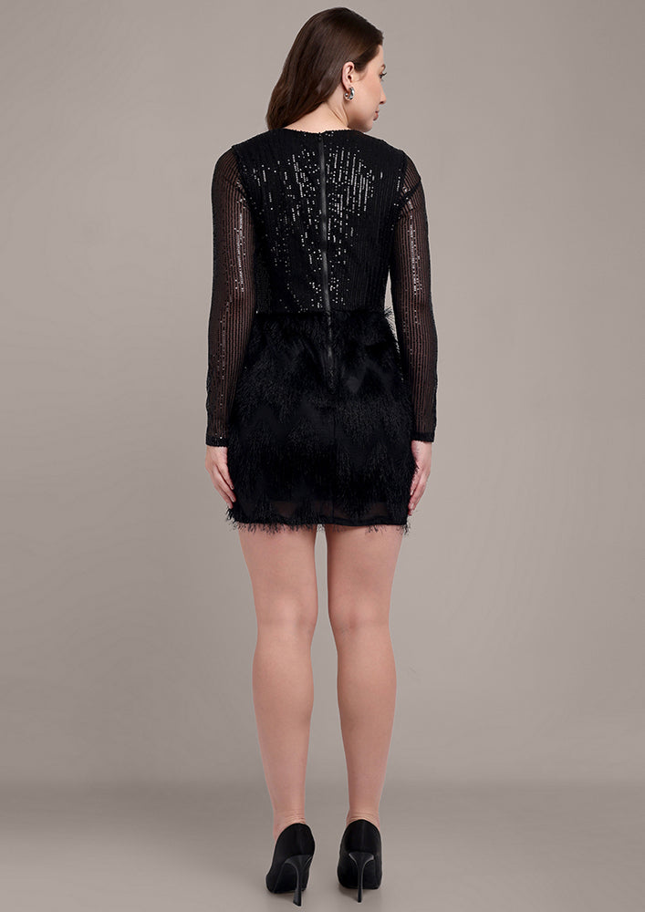 Black Sequin Wrap Dress with Fringes