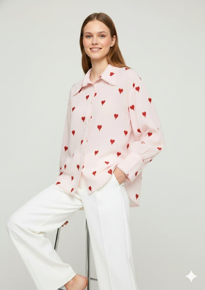 Baby Pink Cotton Shirt with Heart Embroidery