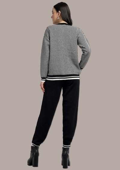 Black & White Top And  Joggers Two- Piece Knitted Set