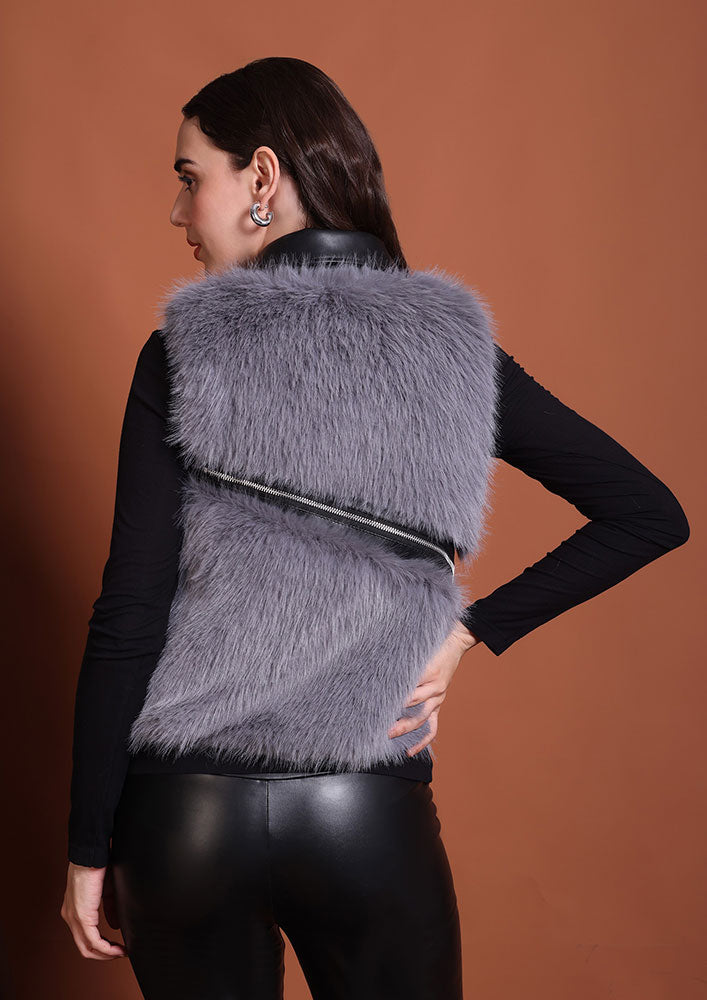 Grey Faux Fur Statement Vest with PU Lapel