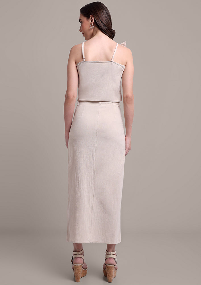 Beige Flower Strappy Top And Skirt Set IKI CHIC Private Ltd.